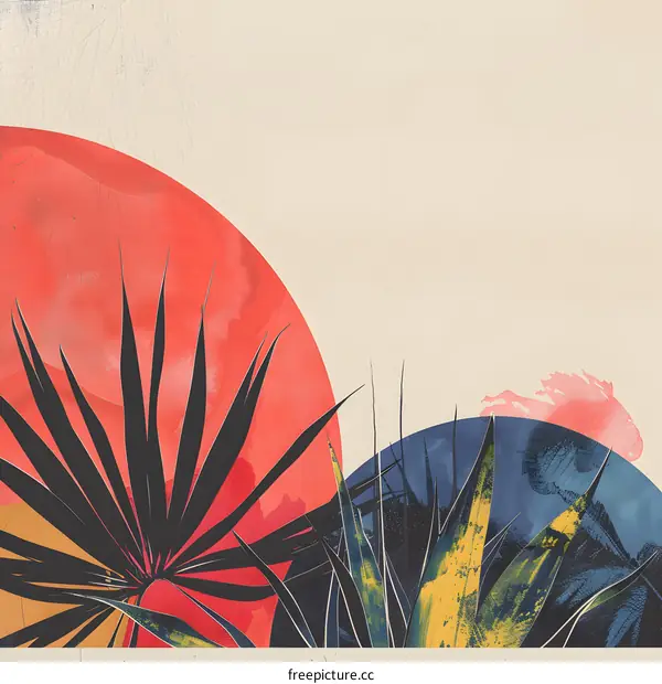 Abstract Watercolor Art With Plants And Sun