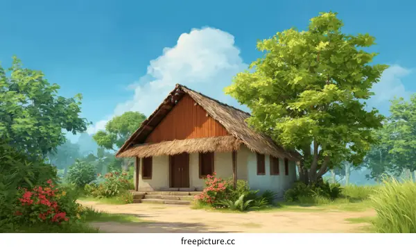 Cartoon Style Rural Cottage Scene