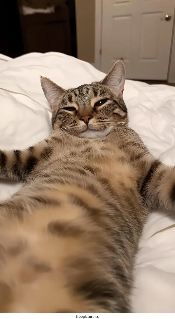 Close Up of a Tabby Cat Relaxing in a Bed