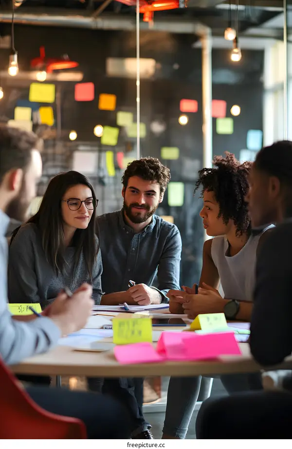 Team Meeting In Modern Office With Sticky Notes