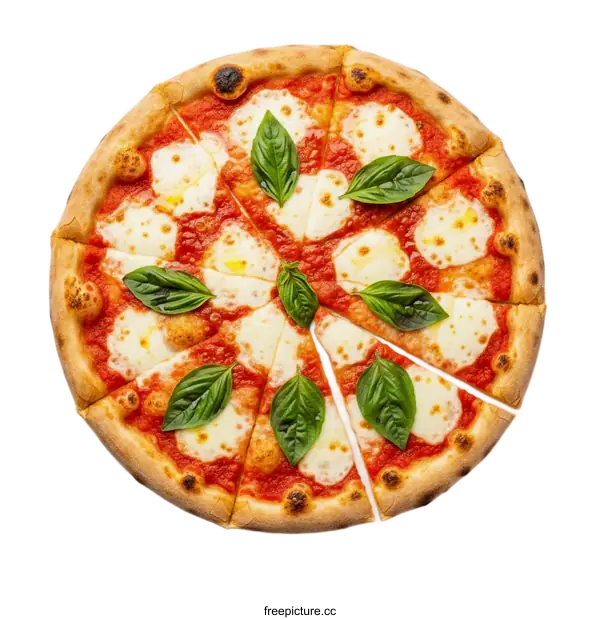 [Transparent Background PNG]Freshly baked margherita pizza with mozzarella cheese and basil leaves