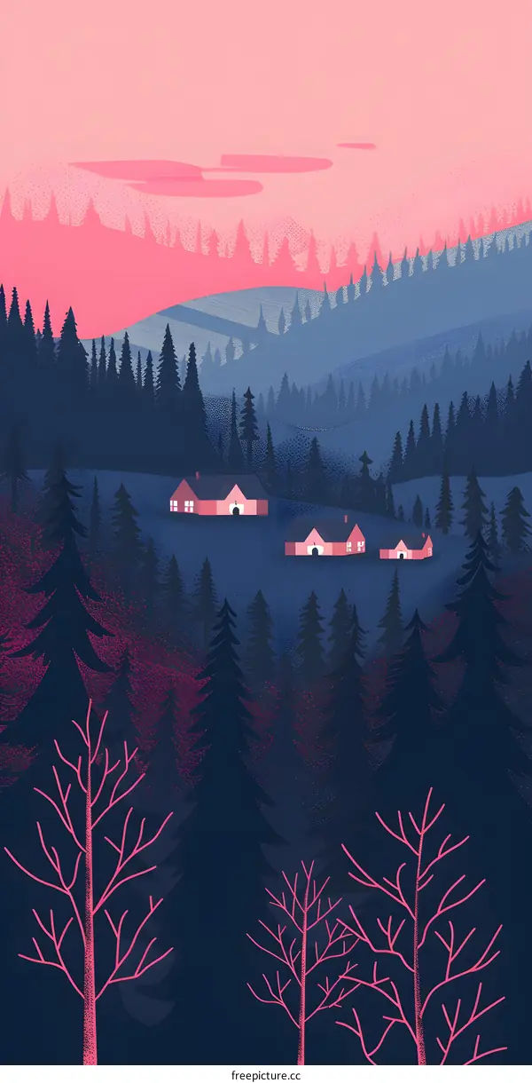 Pink and Blue Landscape with Forest and Houses