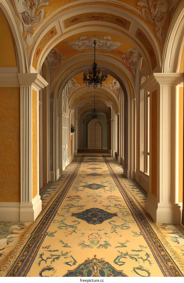 Ornate Hallway With Arched Ceiling and Chandelier