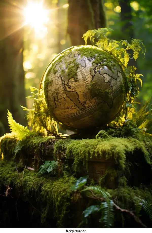 An illustration of a mossy globe in a forest