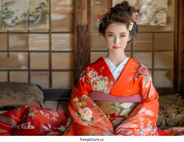 Young Woman in Traditional Japanese Kimono