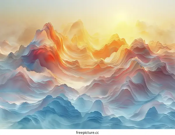 Colorful Mountain Landscape with a Bright Yellow Sun