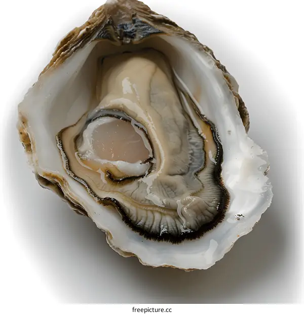 An opened oyster with a white background