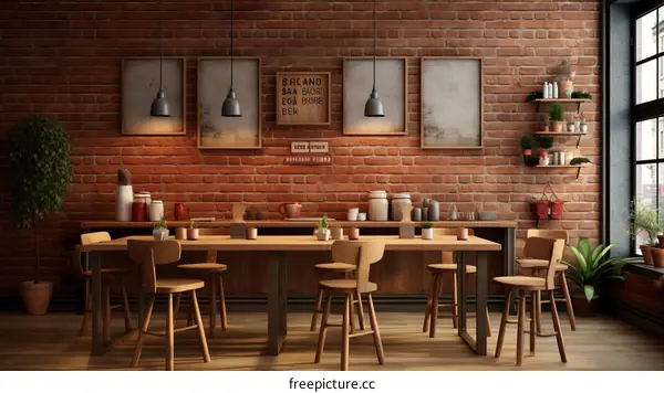 Charming Coffee Shop with Brick Walls and Scandinavian Decor