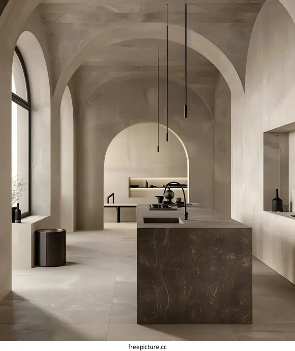 Modern Kitchen Interior Design with Archways and Stone
