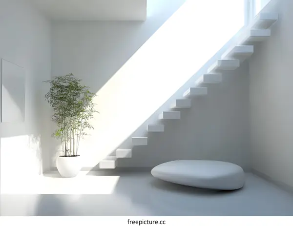 Modern Minimalist Interior Design with White Stairs and Plant