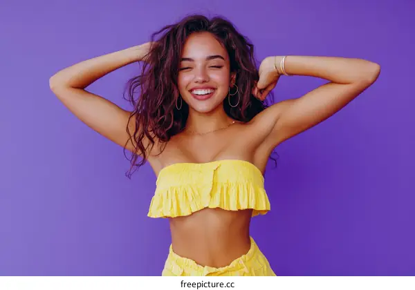 Young Woman in Yellow Outfit Against Purple Background