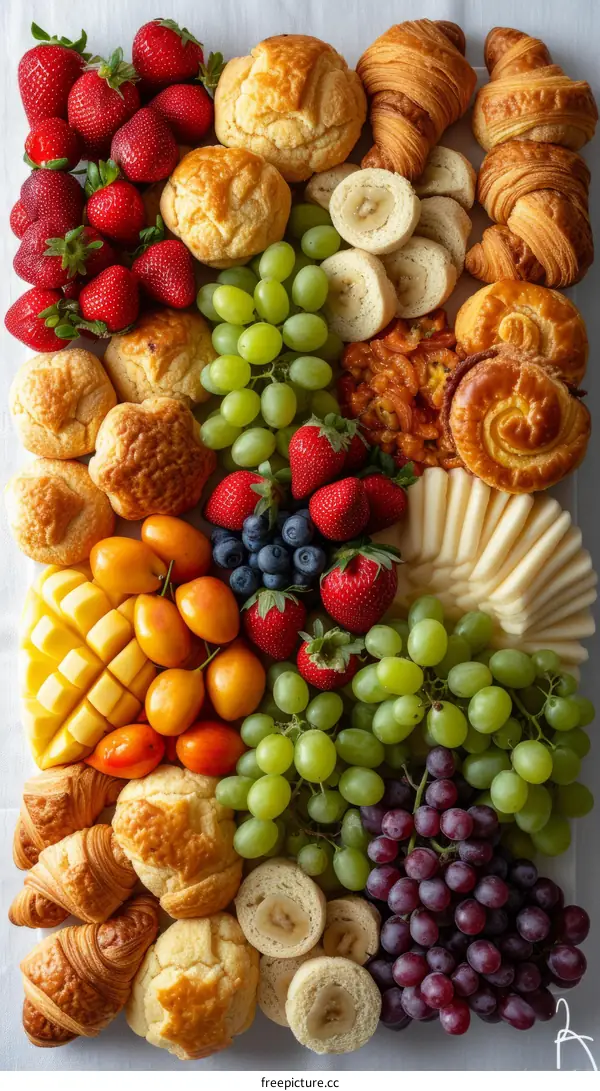 A delicious breakfast spread with croissants, muffins, fruit, and cheese