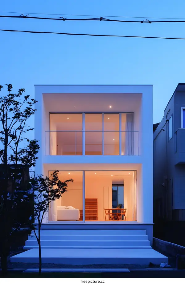 Modern White House with Large Windows and Steps at Dusk