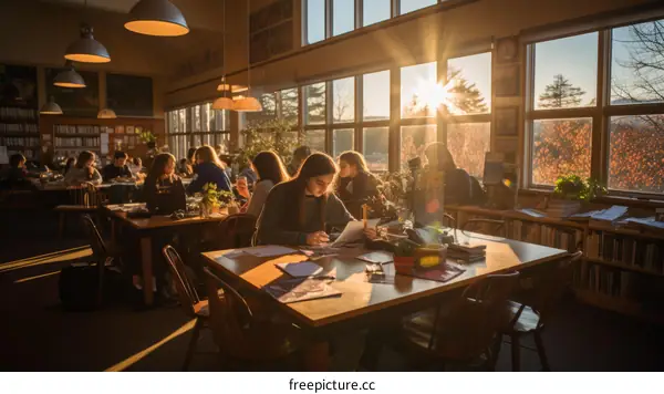 Students studying in a sunlit library