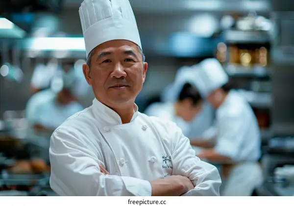 Portrait of Asian male chef in a professional kitchen with arms crossed