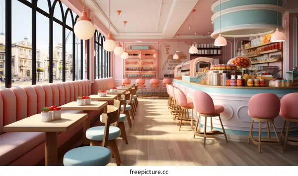 Pink and blue pastel color scheme cafe interior design
