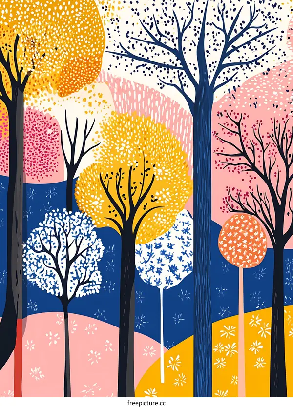 Abstract Art Print Featuring Colorful Trees and Flowers