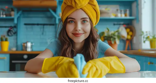 Young woman with blue eyes cleaning the kitchen counter