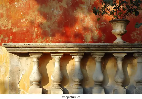 Old Stone Balustrade on Red Wall With Vase and Plant