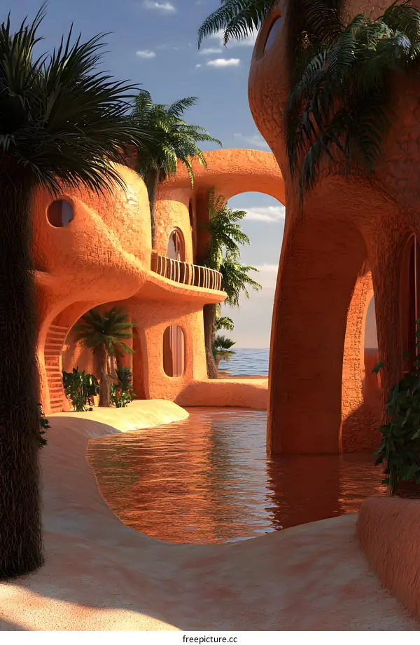Modern Desert Oasis with Curved Architecture and Palm Trees