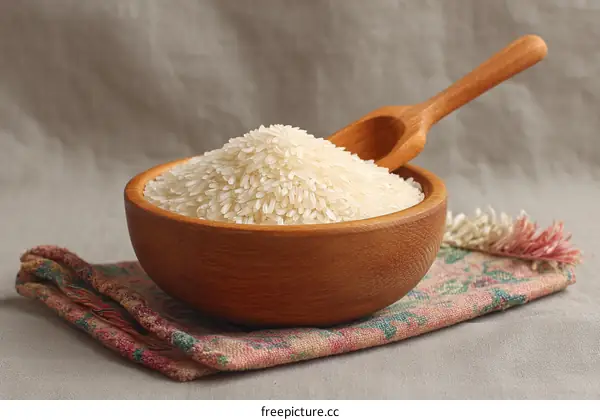 Wooden Bowl of White Rice with Wooden Scoop