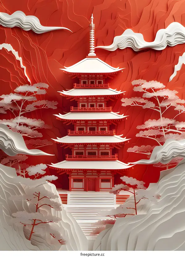 Red and white paper cut of a pagoda