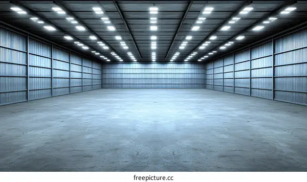 Empty Industrial Hangar With Lights and Concrete Floor