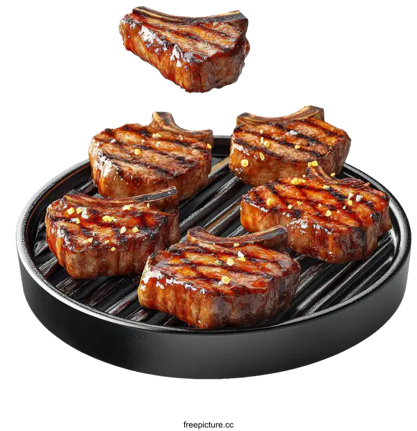 [Transparent Background PNG]Delicious Grilled Pork Chops on a Round Grill