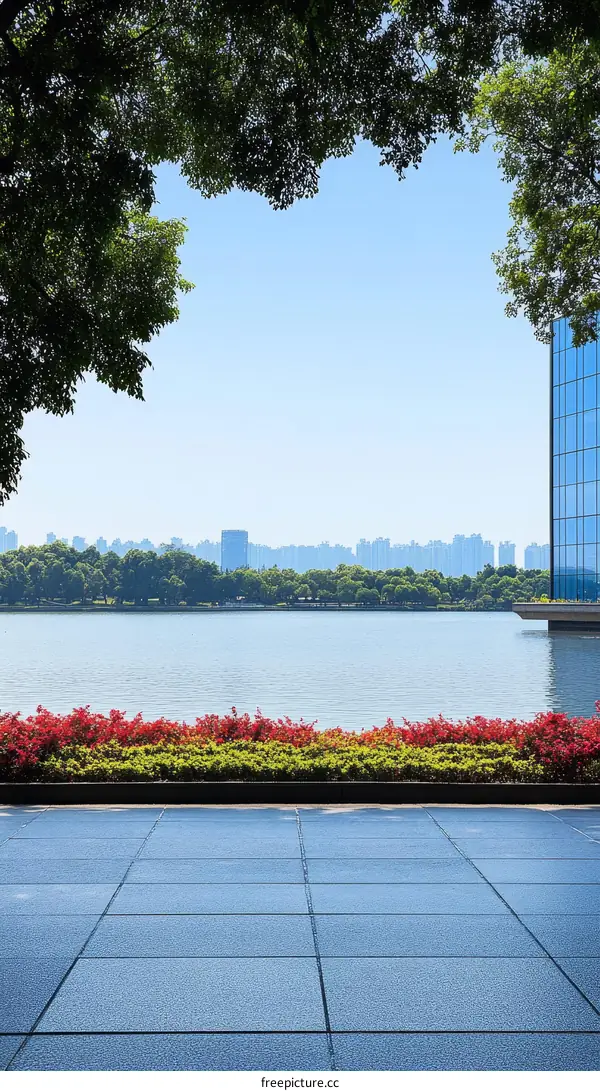 Cityscape Park Pathway with Blue Tiles