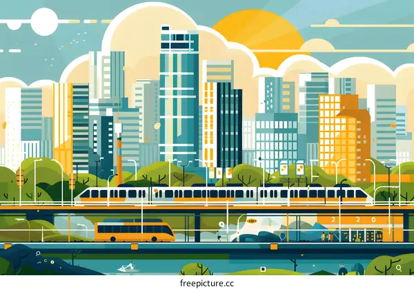 Modern Cityscape with Train and Bus