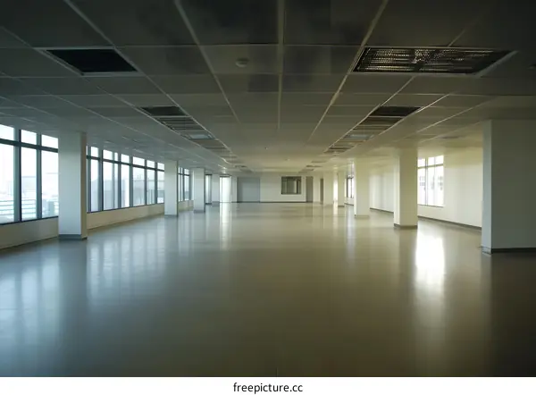 Empty Modern Office Space with Large Windows and White Walls