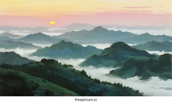 Golden Sunrise Over Lush Green Mountain Ranges Wrapped in Mist