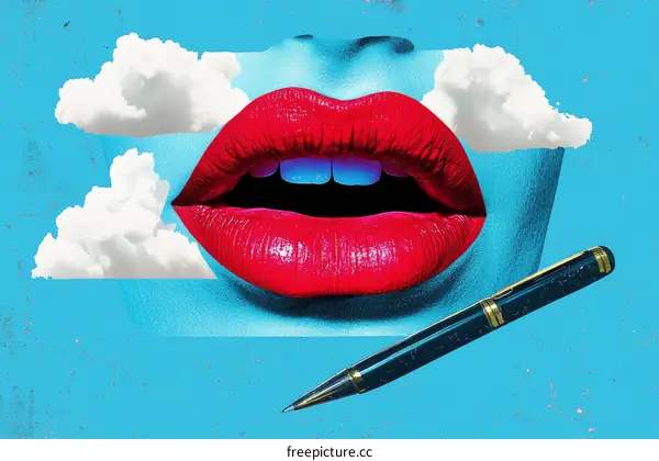 Red Lips with Clouds and a Pen