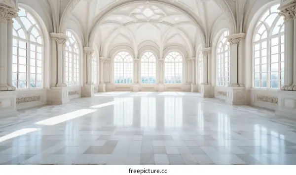 ornate empty grand hall interior with marble floor and arched windows