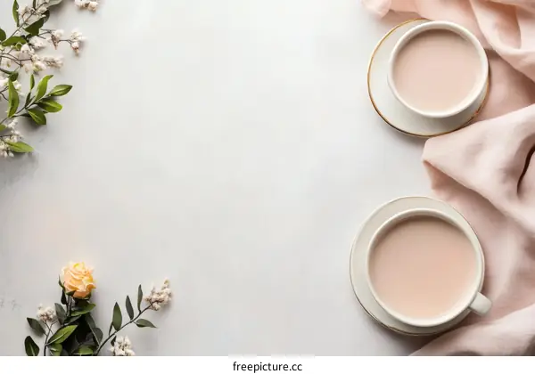 Elegant Coffee Cups and Flowers on a Light Grey Background