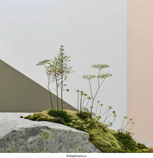 Minimalist Green Plants Growing on Rock