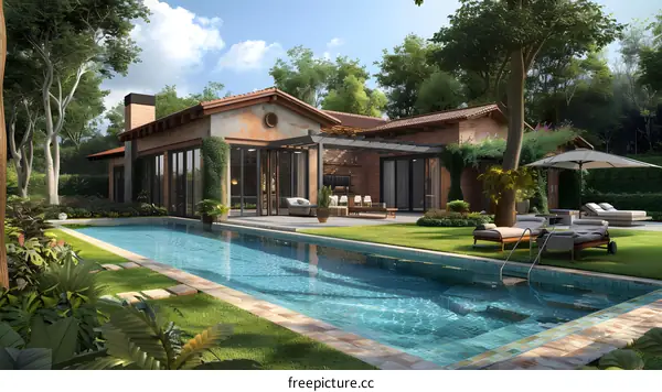 Modern Villa with Pool and Lush Greenery