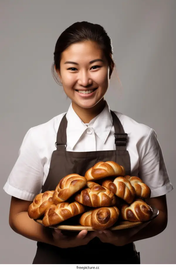 Portrait of a smiling Asian female baker holding a tray of freshly baked pastries