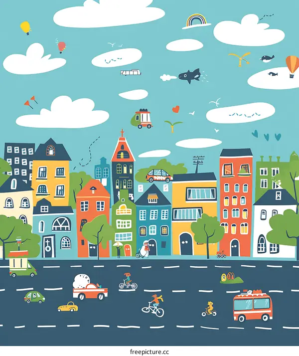 Colorful Cityscape with Cartoon Illustration of Buildings and Vehicles