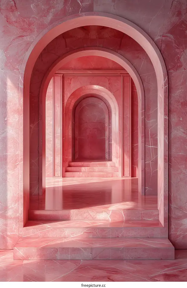 Pink Marble Archway Corridor with Staircase
