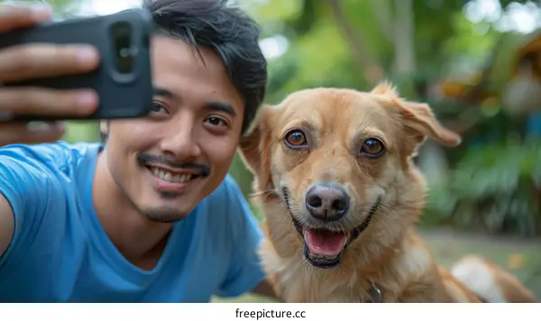 A man and his dog take a selfie together