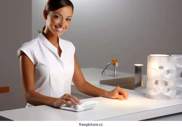 A young woman sitting at a desk and using a computer mouse