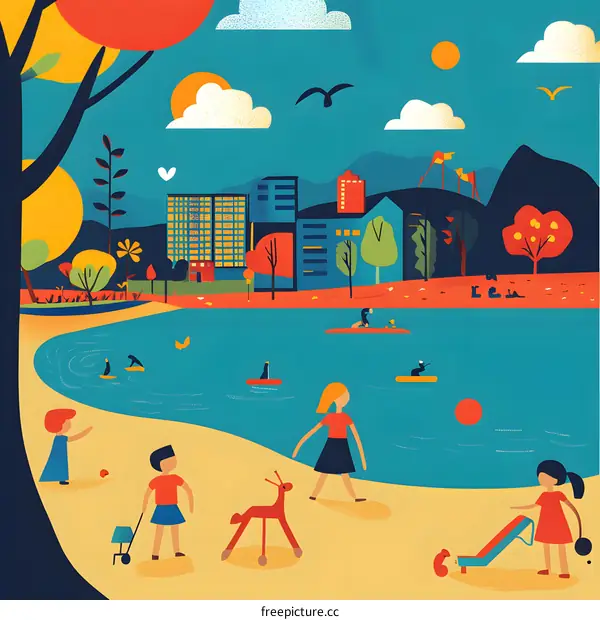 Kids Playing in the City Park by the Lake