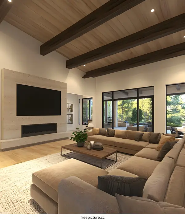 Modern Living Room Interior Design with Sectional Sofa and Wooden Beams