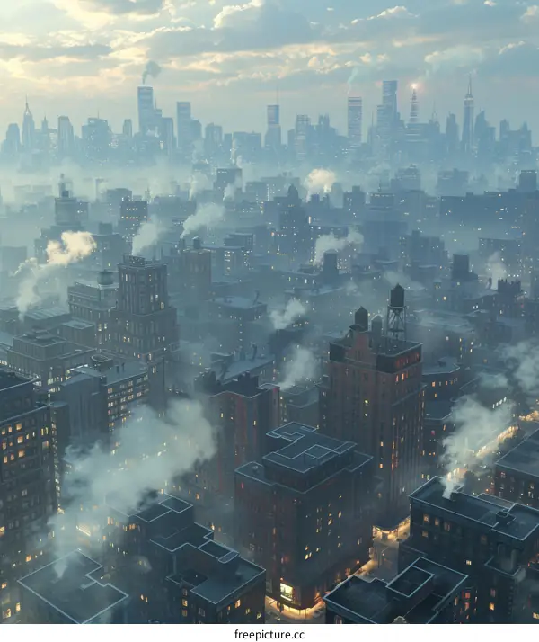 Cityscape Aerial View Illustration of Foggy Metropolis