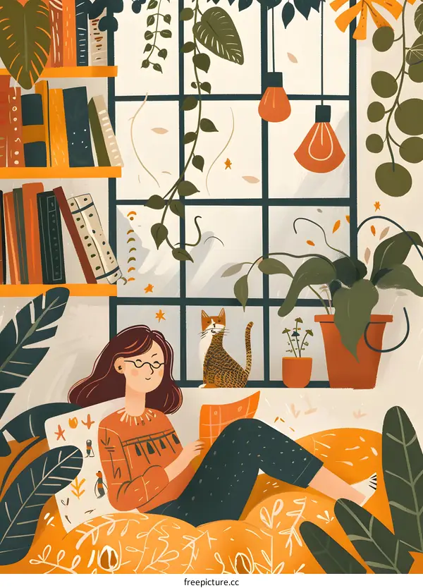 Woman Relaxing with a Cat on a Couch