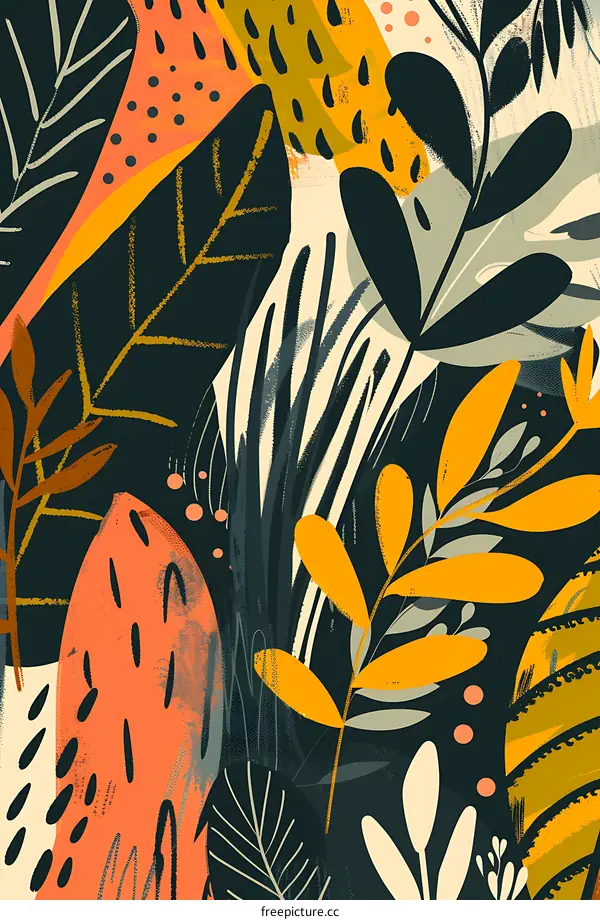 Abstract Tropical Leaves Illustration With Orange, Green and Yellow Colors