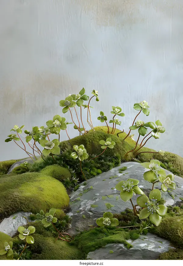 Green Flowers on Mossy Rocks