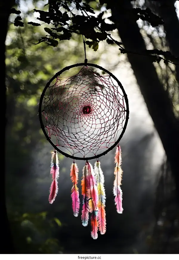 Dreamcatcher With Colorful Feathers Hanging On Tree Branch