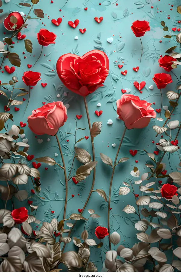 Red roses in full bloom against a blue-green background